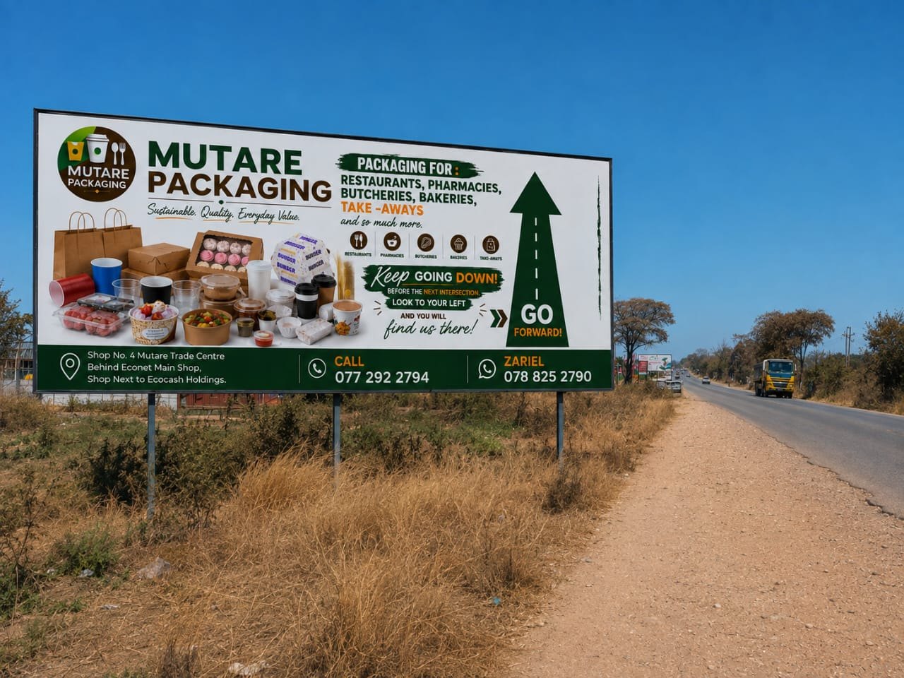 Large-format billboard produced and installed by Zariel Advertising for Mutare Packaging